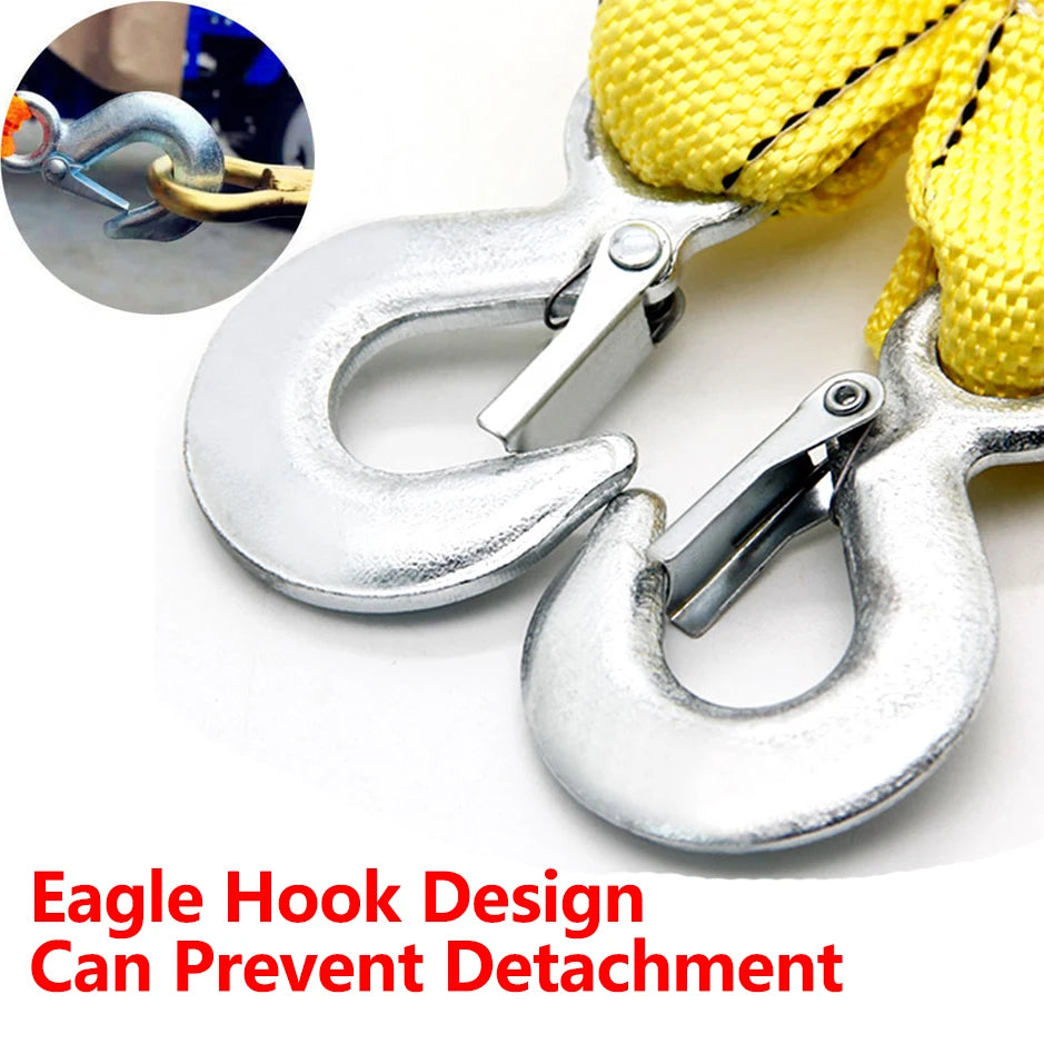 Silver eagle hook design can prevent detachment on a yellow tow strap.