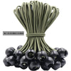 A bundle of heavy-duty, UV-resistant ball bungee cords in olive green and black.