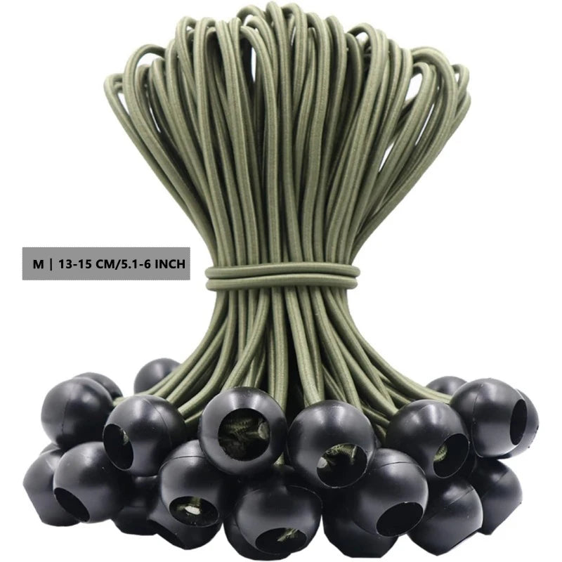 A bundle of heavy-duty, UV-resistant ball bungee cords in olive green and black.