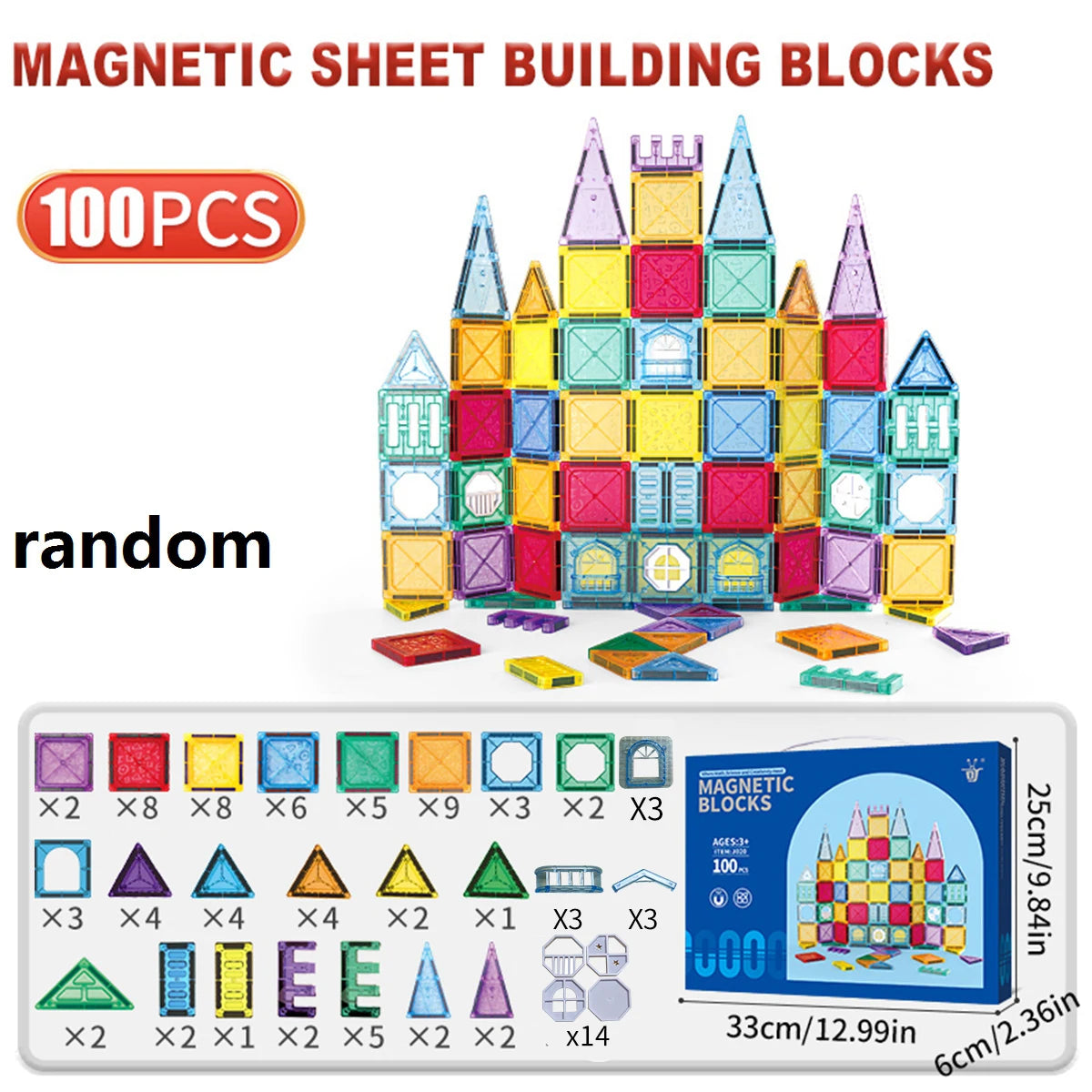 A set of 100 magnetic sheet building blocks in various colors and shapes for children's construction play