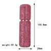 A pink refillable glass perfume atomizer with a fine mist spray, shown vertically.