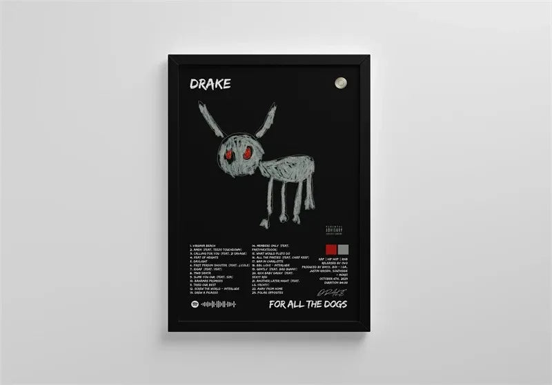 Black canvas print featuring a stylized drawing of a dog head with the title DRAKE and text below.