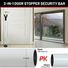 A white 2-in-1 door stopper security bar is shown next to a glass door, with specifications detailing its 1 inch thickness.