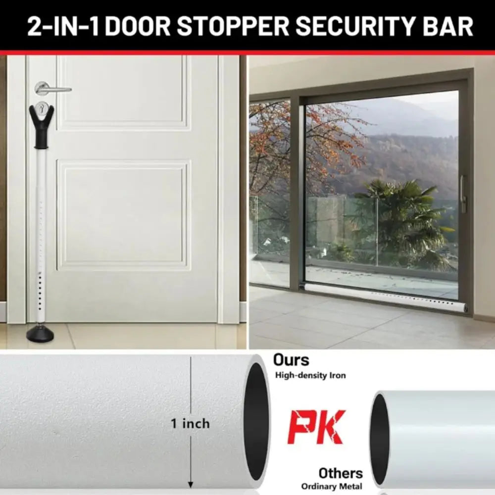 A white 2-in-1 door stopper security bar is shown next to a glass door, with specifications detailing its 1 inch thickness.