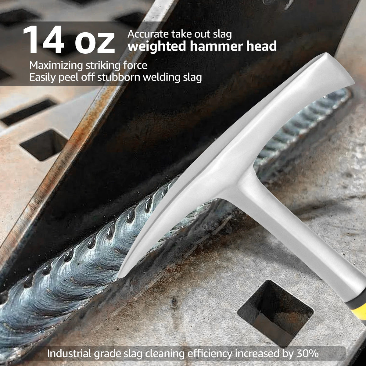 A close-up of a silver 14 oz weighted hammer head used for cleaning welding slag on metal.