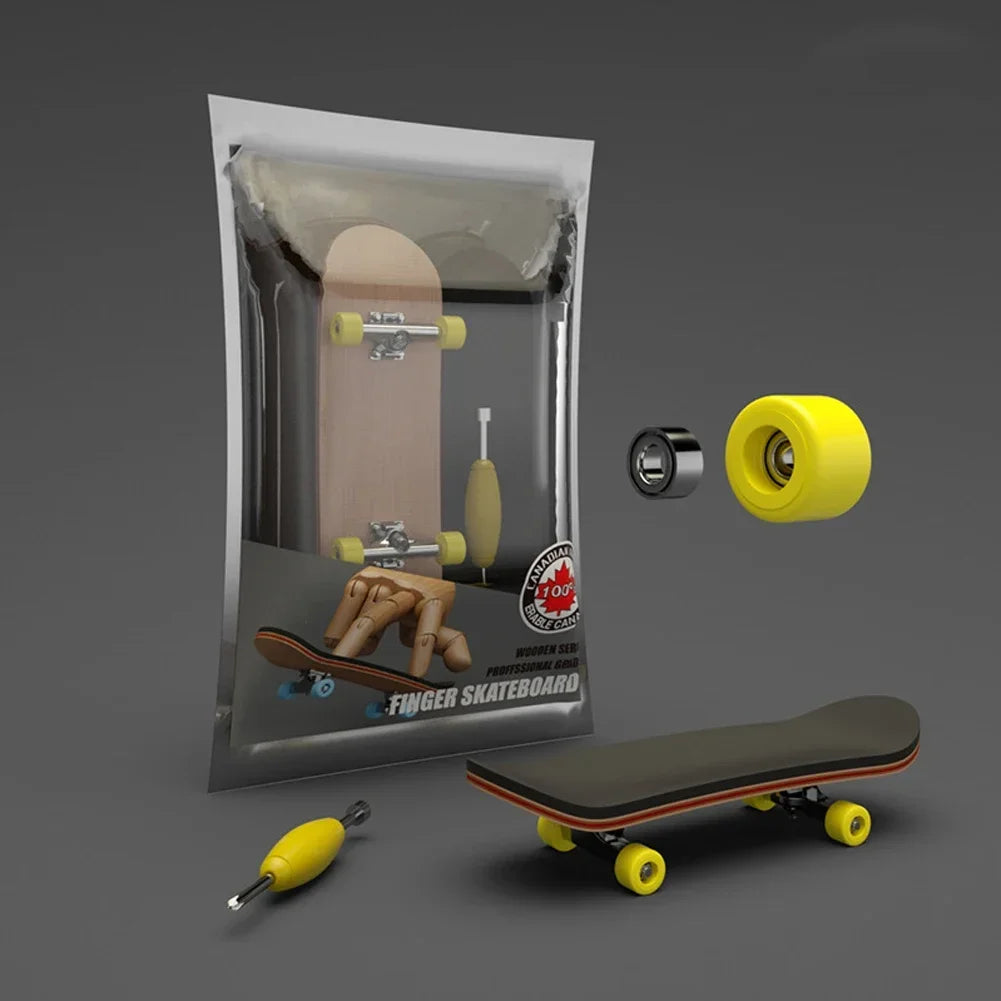 A wooden finger skateboard is shown inside its clear plastic packaging with a yellow grip tape and wheels displayed separatel
