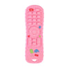 Pink silicone baby teether toy shaped like a TV remote control with buttons and features.