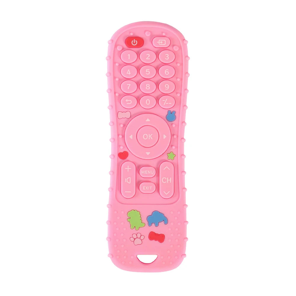 Pink silicone baby teether toy shaped like a TV remote control with buttons and features.