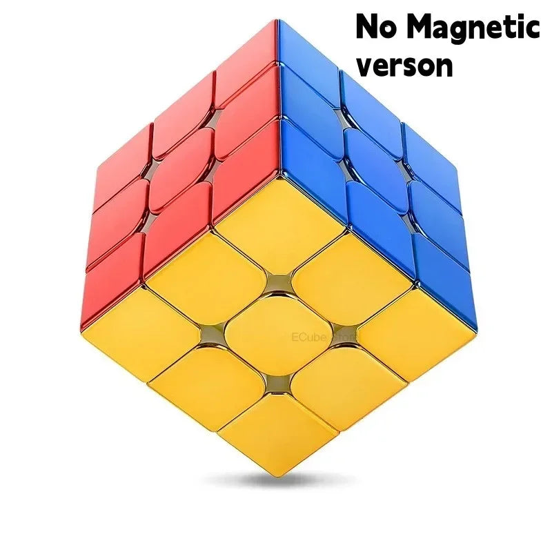 A cube puzzle with nine colored faces in red, yellow, and blue, shown at an angle.