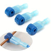 Three light blue and dark blue self-stripping T-tap wire connectors with quick disconnect terminals shown in various angles.