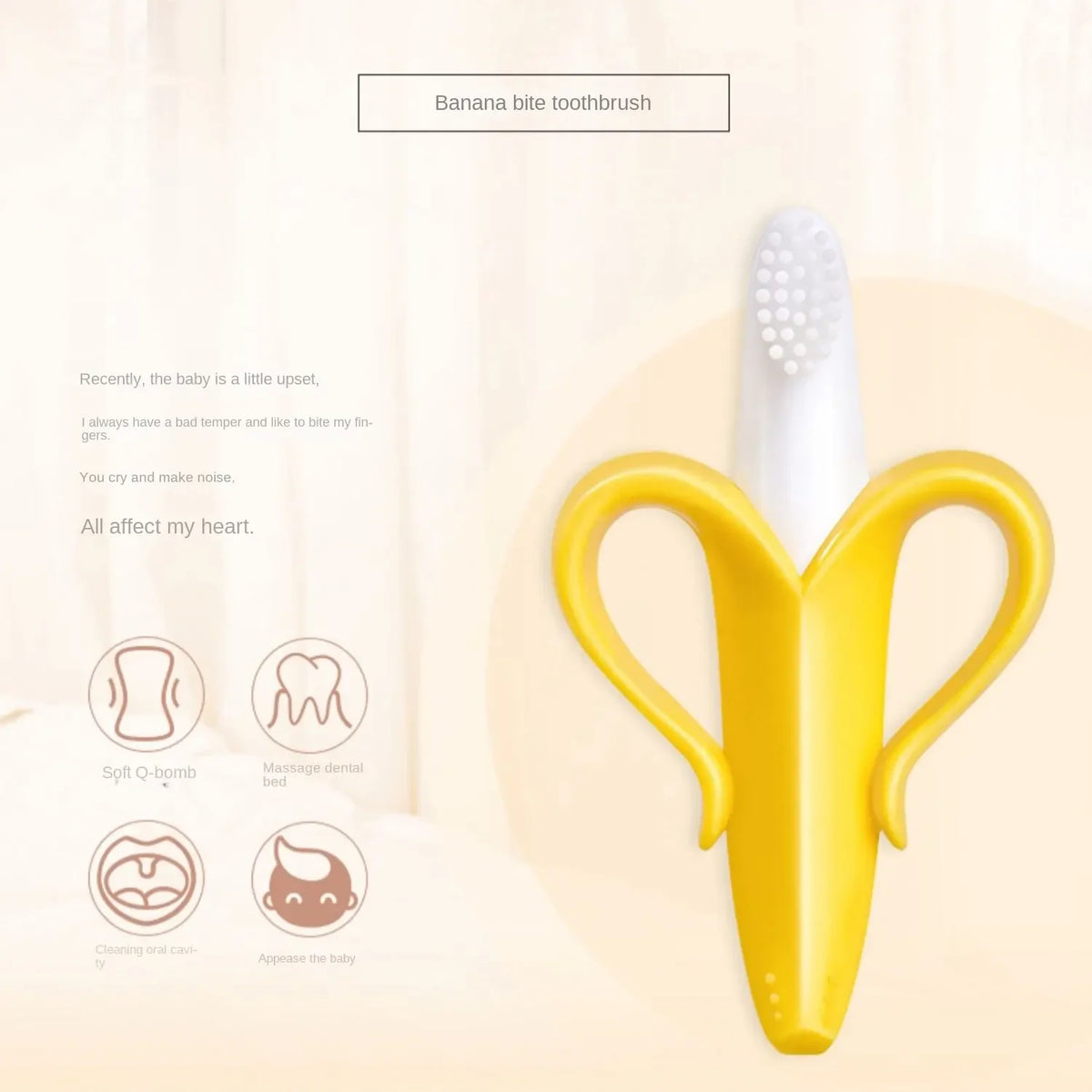 Yellow banana-shaped silicone baby teether and training toothbrush shown on a white background.