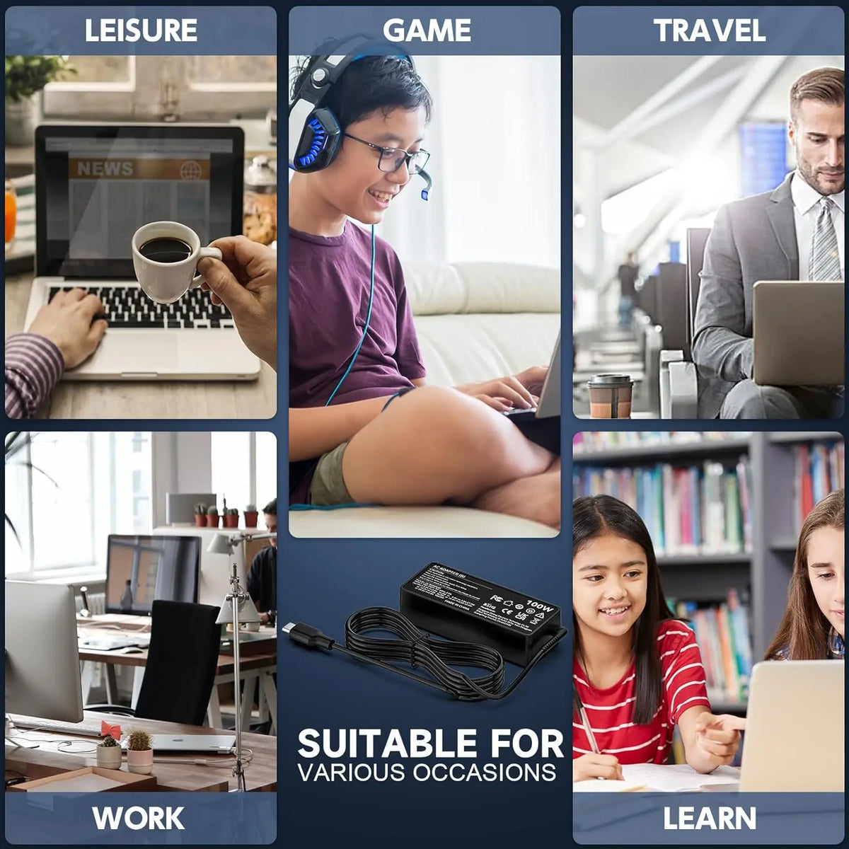 A collage showing various laptop users engaging in leisure, gaming, travel, work, and learning activities.
