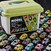 A plastic storage case containing a model Bandai Alloy die-cast pull-back car set with various cars.