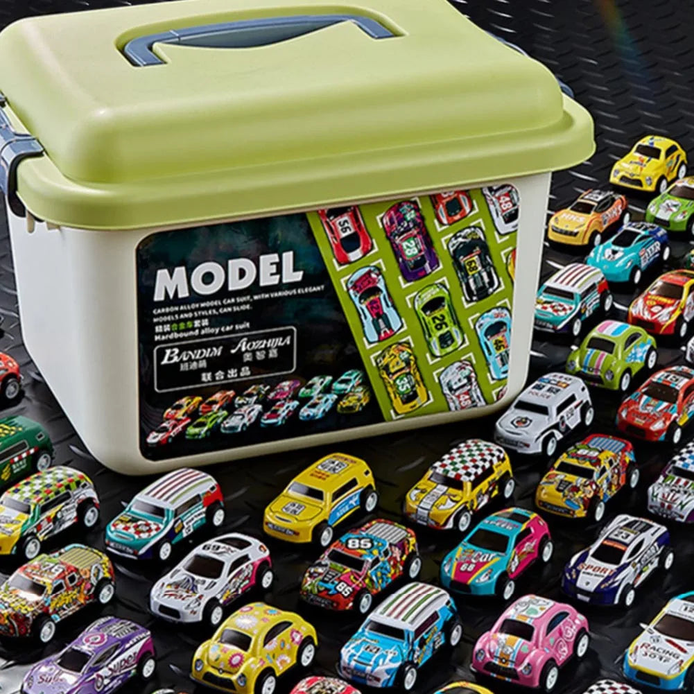 A plastic storage case containing a model Bandai Alloy die-cast pull-back car set with various cars.