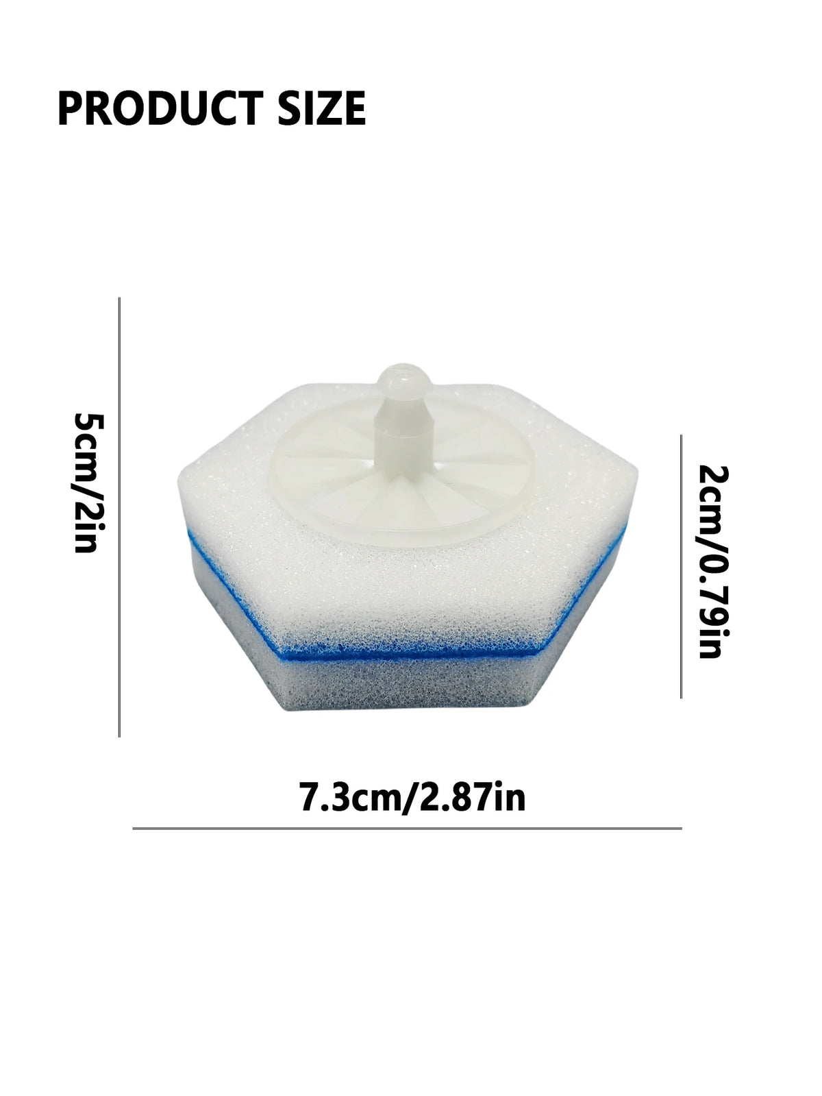 A white, foam-like cleaning wand with a blue base and a clear cap, shown with dimension lines.