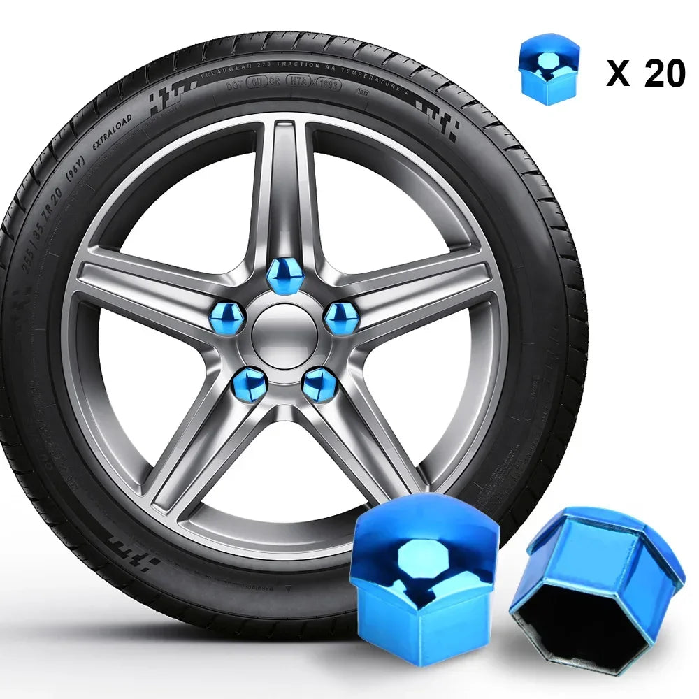 A set of 20 anti-rust wheel nut caps and a silver alloy wheel with a black tire.