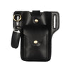 Black genuine leather waist bag with a flap closure and a gold-toned hardware detail.