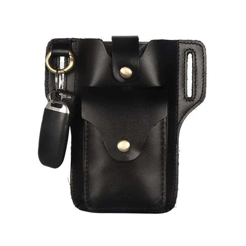 Black genuine leather waist bag with a flap closure and a gold-toned hardware detail.