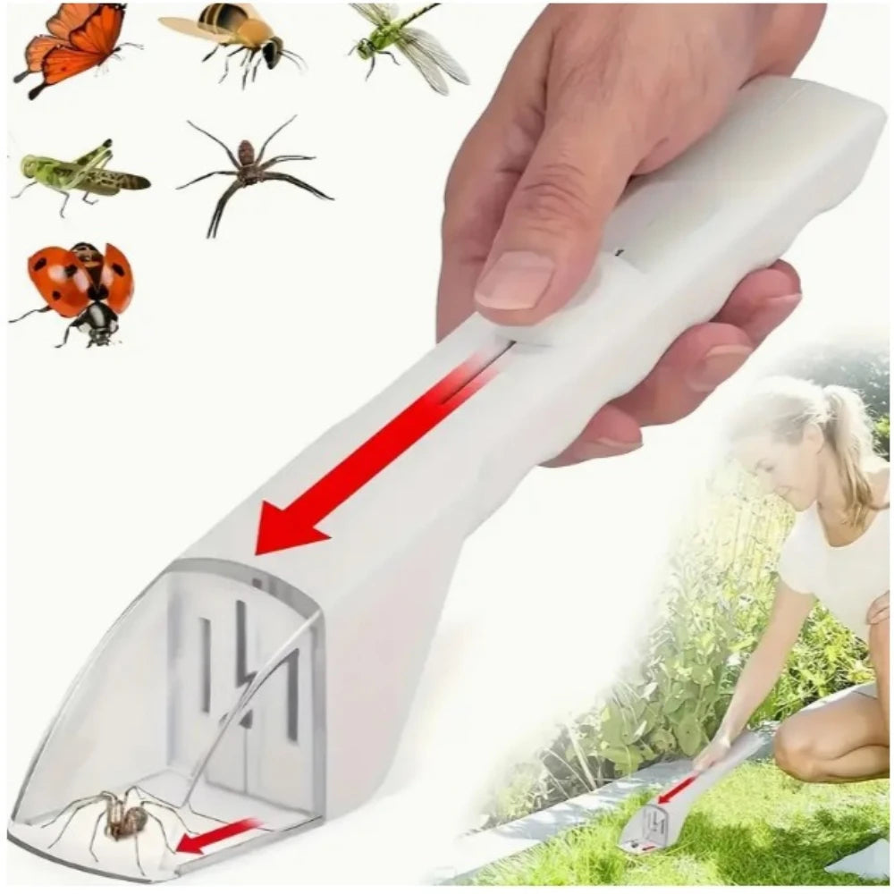 A hand holds a white handheld insect catcher clamp, demonstrating its use for safe pest removal.