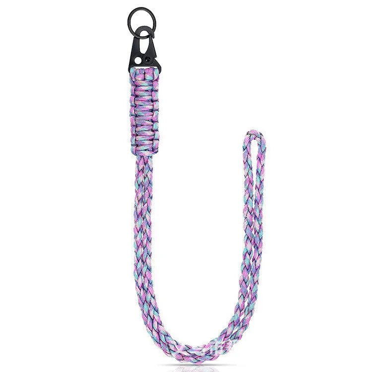 Heavy duty 550 paracord neck lanyard with a metal clip in purple and pink.
