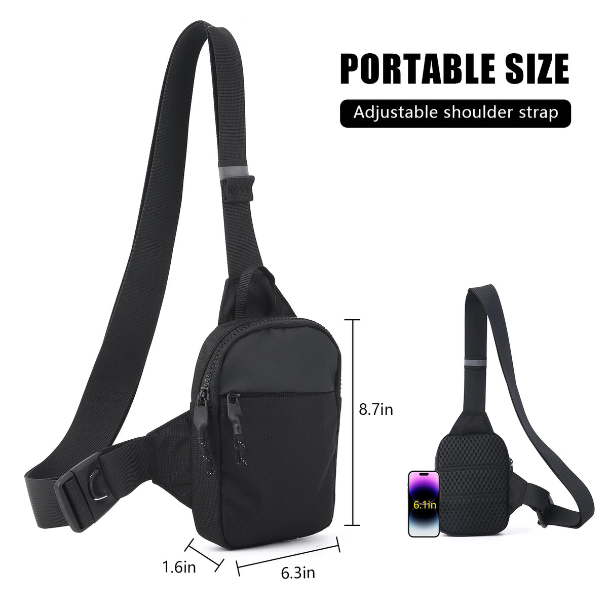 Black portable size crossbody bag with an adjustable shoulder strap shown next to a smartphone for scale.
