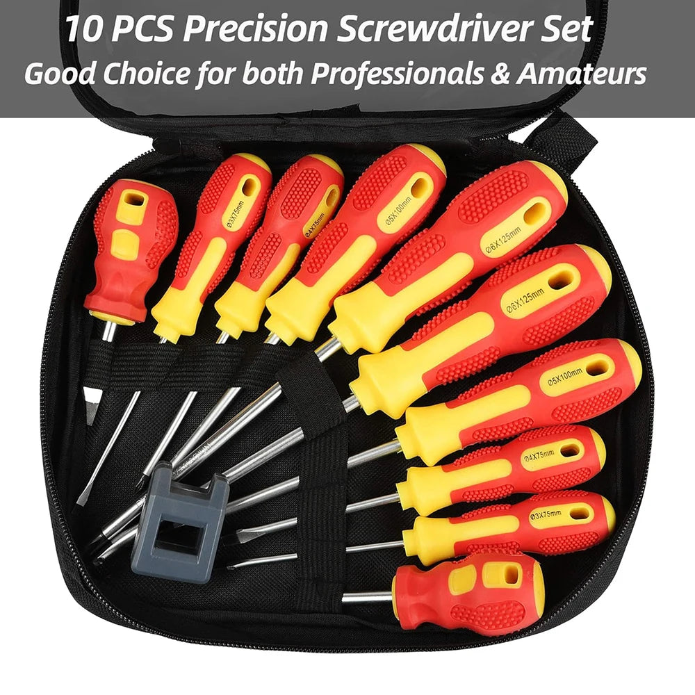 A black storage bag containing a 10-piece precision screwdriver set with various sized magnetic tips and drivers.