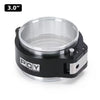 A black heavy-duty aluminum V-band clamp and flange assembly with a clear cylindrical component.
