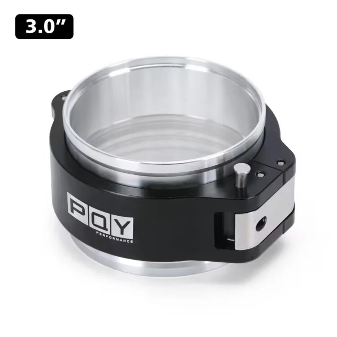 A black heavy-duty aluminum V-band clamp and flange assembly with a clear cylindrical component.