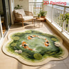 A round plush rug featuring an orange and white koi fish pattern on a green background