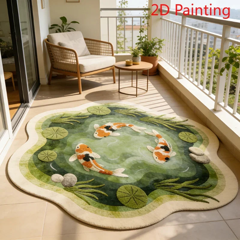 A round plush rug featuring an orange and white koi fish pattern on a green background