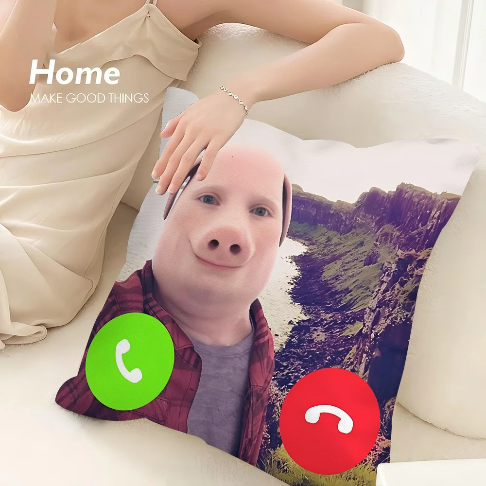 A novelty throw pillow cover featuring a photo of John Pork with call icons on the front.