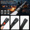 A tactical flashlight is shown in various views, including a close-up of the body and a hand holding it.
