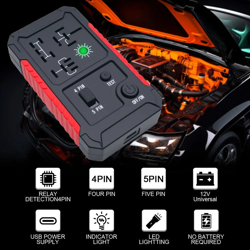 A black relay detection tester with 4 and 5 pin indicators shown inside a car engine bay.