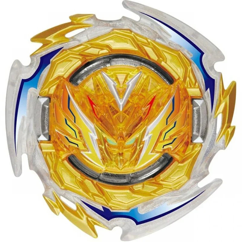 A battle spinning top with metal construction featuring a gold and silver design.