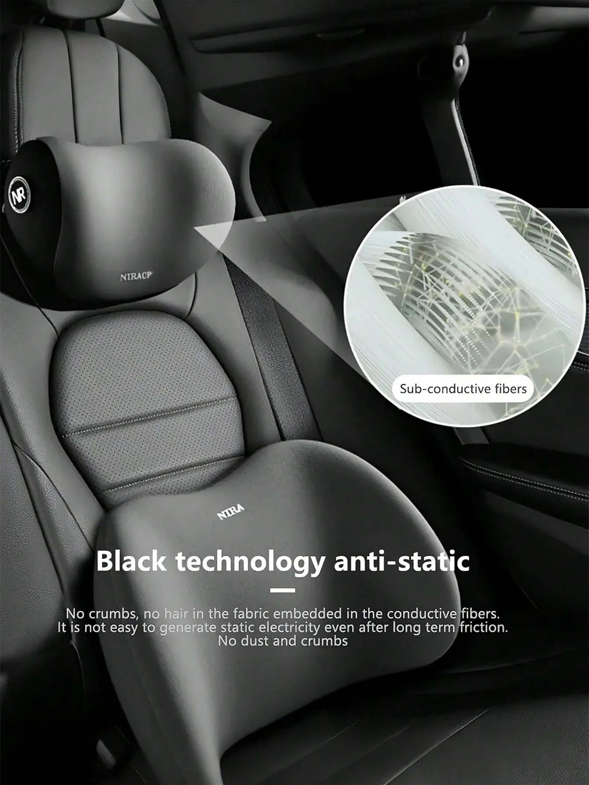 Black technology anti-static memory foam car headrest and lumbar support pillow set in a car interior.