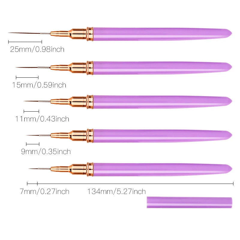 A set of five professional nail art liner brushes with varying sizes and a purple handle.