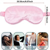 Pink silk sleep mask with adjustable strap and various usage contexts like night sleep, office nap, travel, and gift.