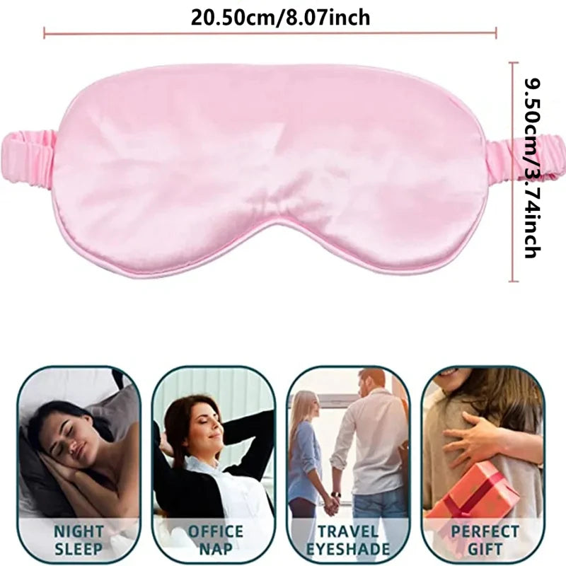Pink silk sleep mask with adjustable strap and various usage contexts like night sleep, office nap, travel, and gift.