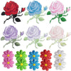 A collection of colorful embroidered iron-on patches featuring various shades of pink, purple, red, and blue roses.