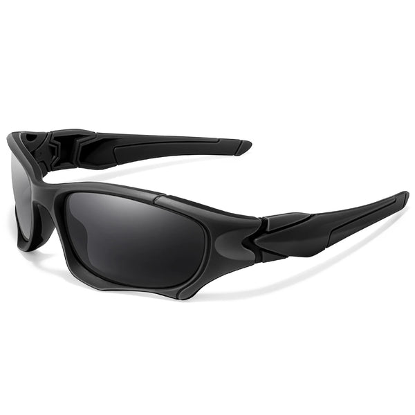 Black polarized sunglasses with a camouflage design shown from the side.