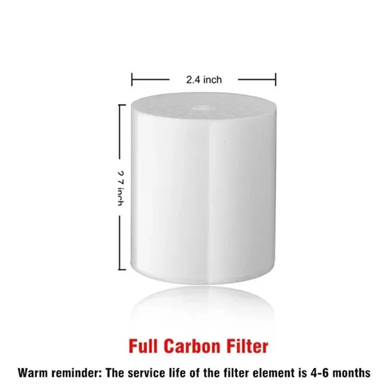 A white cylindrical carbon filter element for a shower head water purifier.