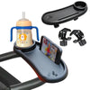 A black stroller snack tray with a cup holder and phone slot is shown mounted on a stroller seat.