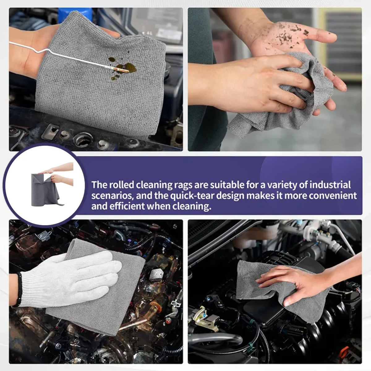 Hands demonstrate the use of rolled microfiber cleaning rags for industrial cleaning tasks.