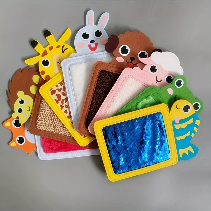 A collection of eight animal-themed textured felt boards and sensory mats featuring various animals like a giraffe, bear, and