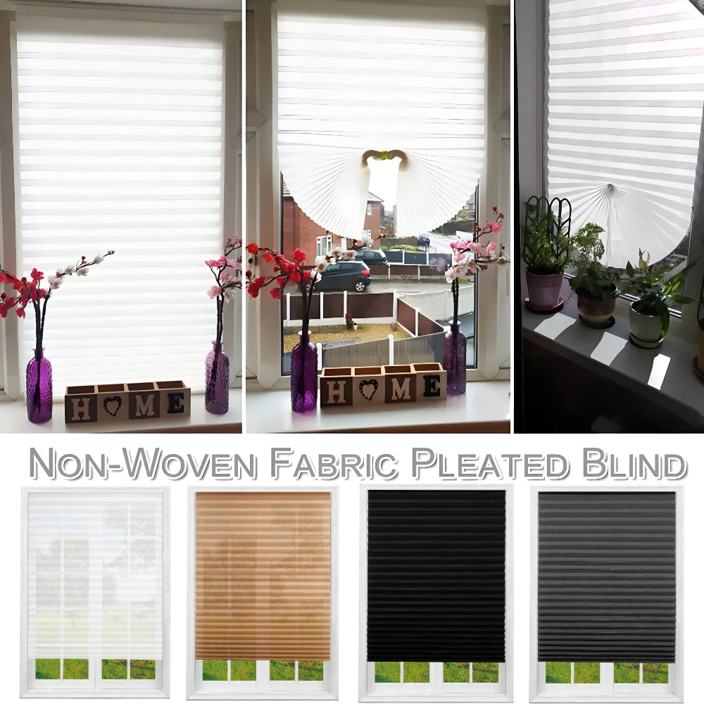 Close-up view of non-woven fabric pleated blind in various colors and styles installed in a window.