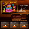 An LED drawing board displays a birthday cake and fireworks, with touch controls for different modes.