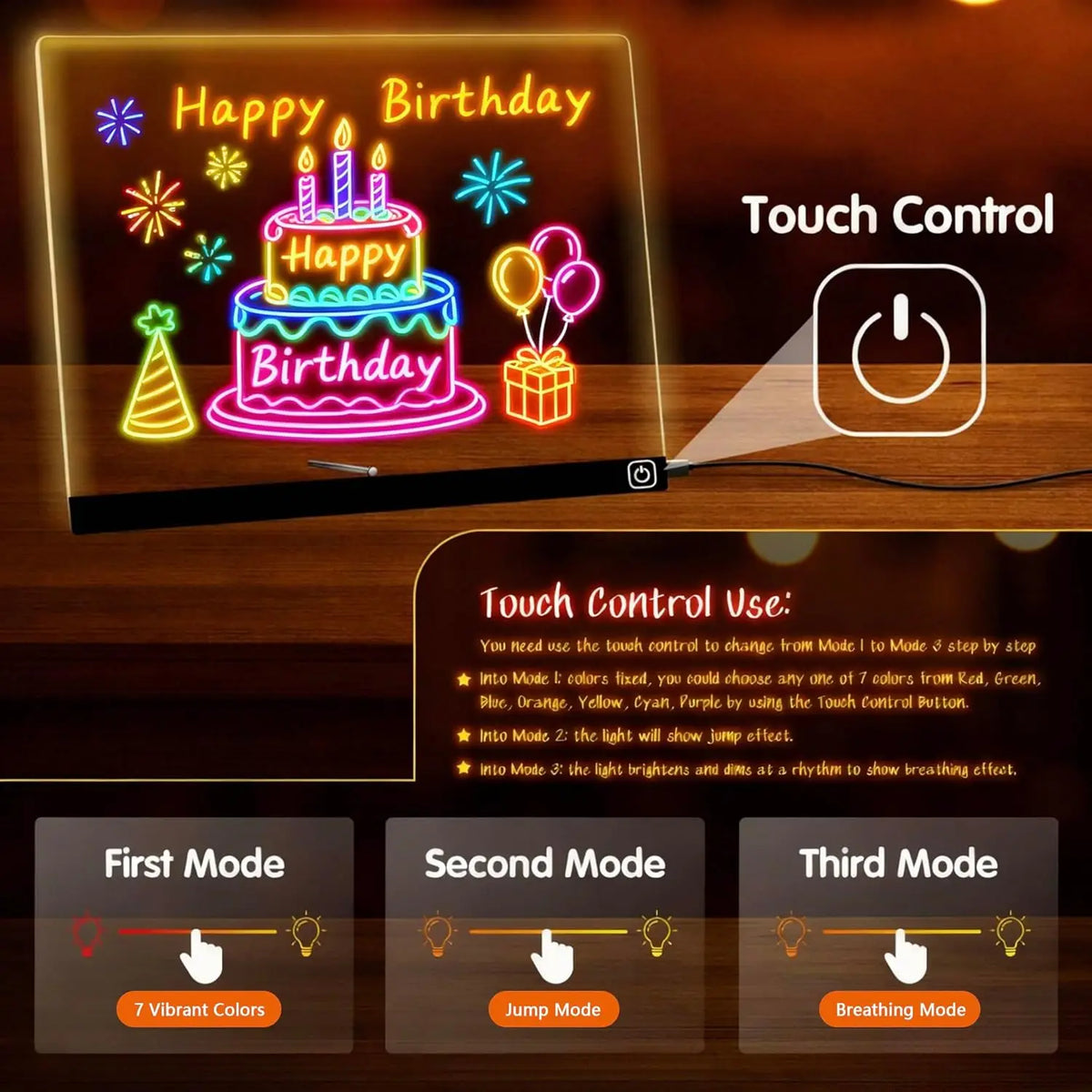 An LED drawing board displays a birthday cake and fireworks, with touch controls for different modes.