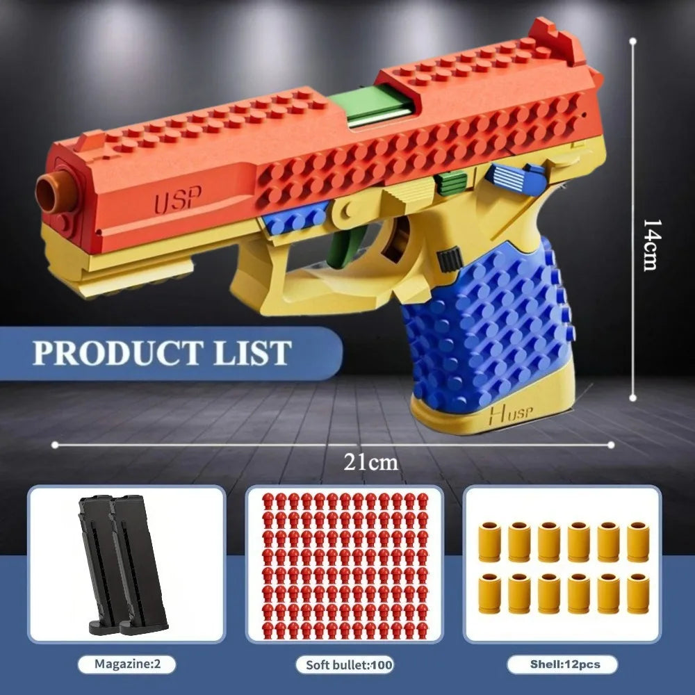 A yellow building block toy pistol with an orange barrel and blue grip, shown next to its components.