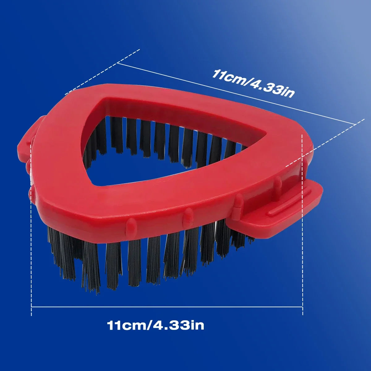 A pair of red spin mop scrub brushes with black bristles shown against a blue background.