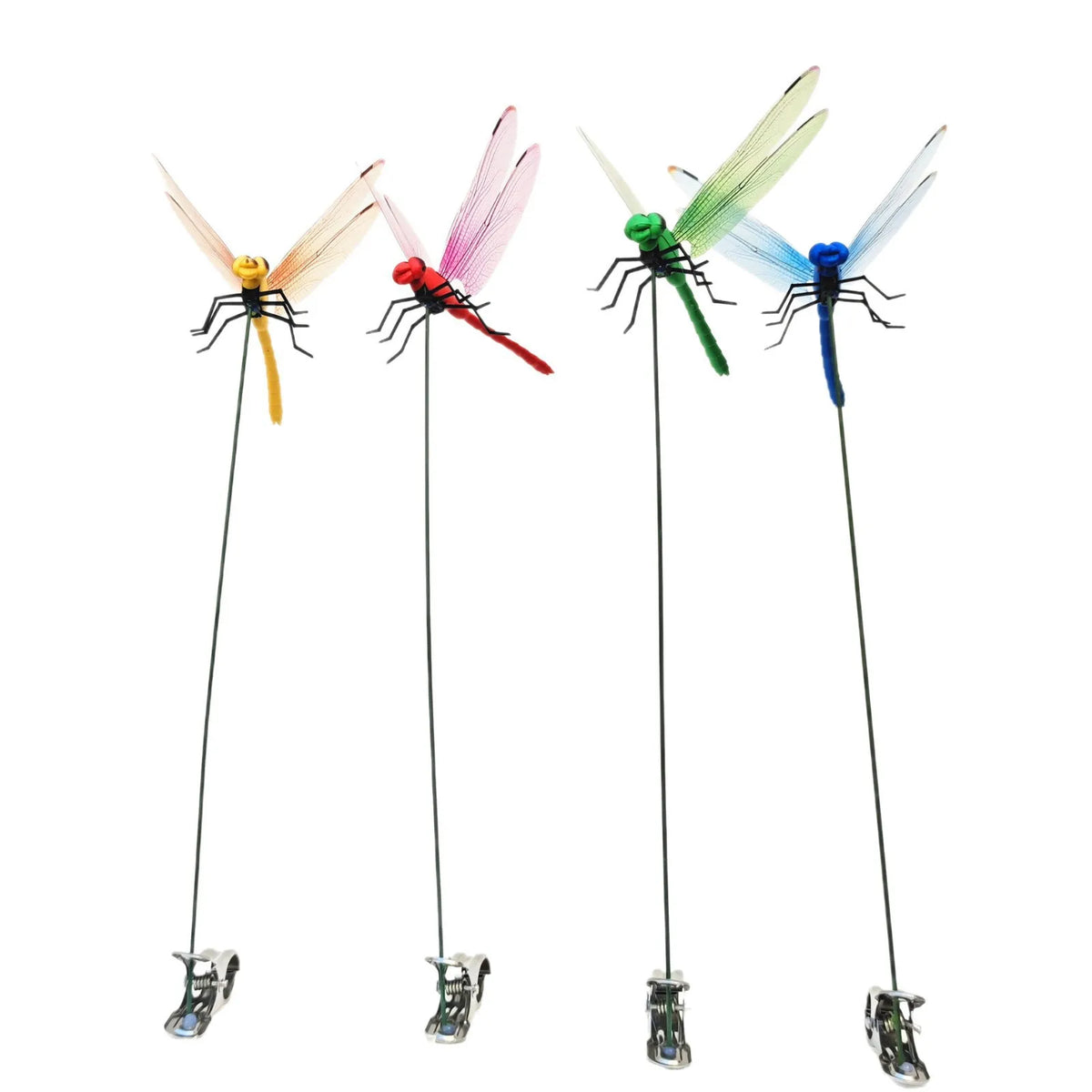 A set of lifelike dragonfly garden clips featuring various insect designs and colors.